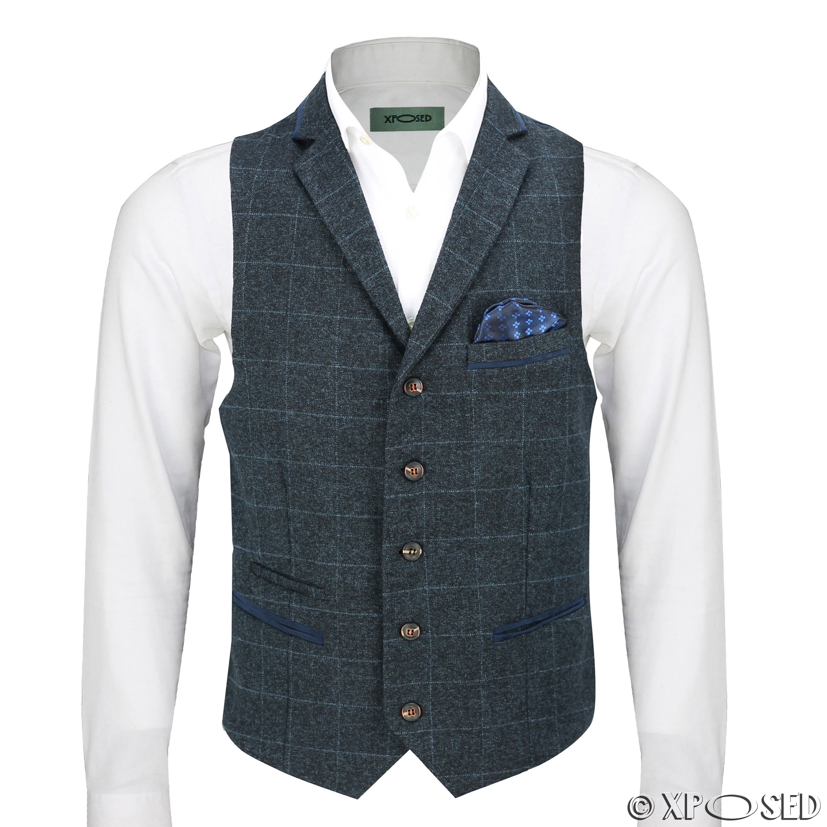 Mens Herringbone Tweed Check Vintage Collar Waistcoat Casual Tailored
